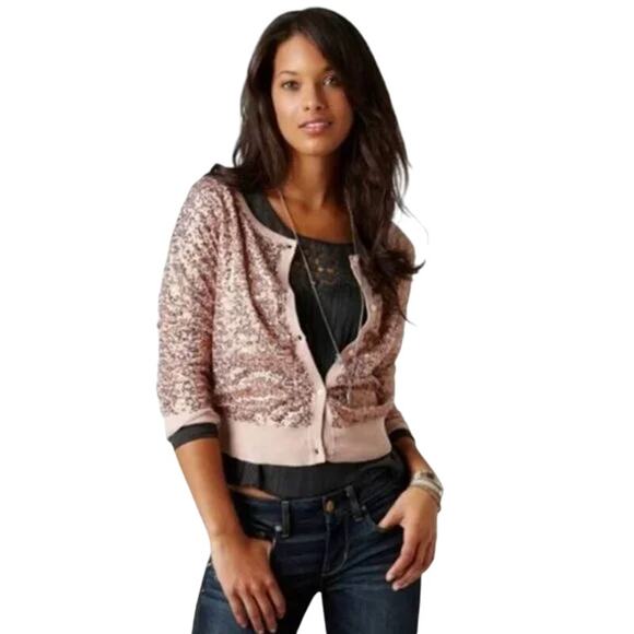 American Eagle Womens Rose Gold Sequin Cardigan Sweater Button Front Size Medium - Picture 2 of 16